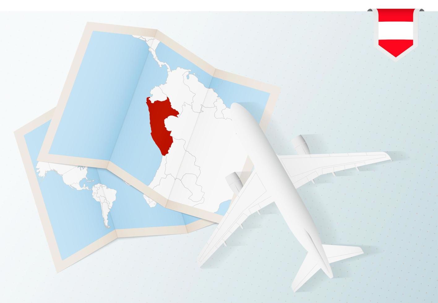 Travel to Peru, top view airplane with map and flag of Peru. vector
