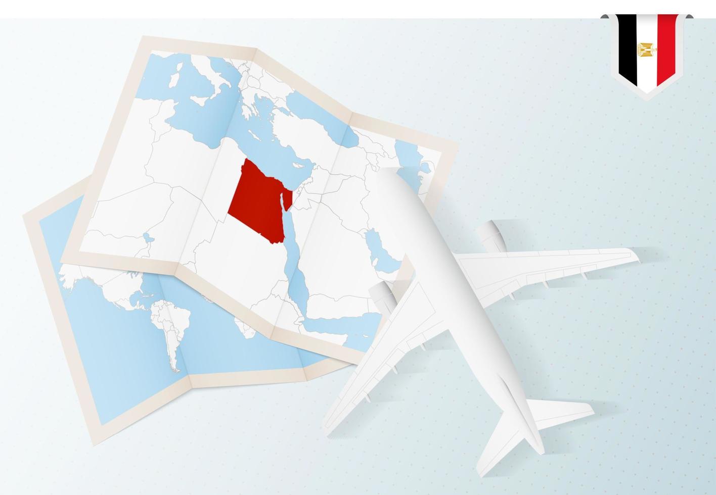 viaje a egipto, avión de vista superior con mapa y bandera de egipto. vector