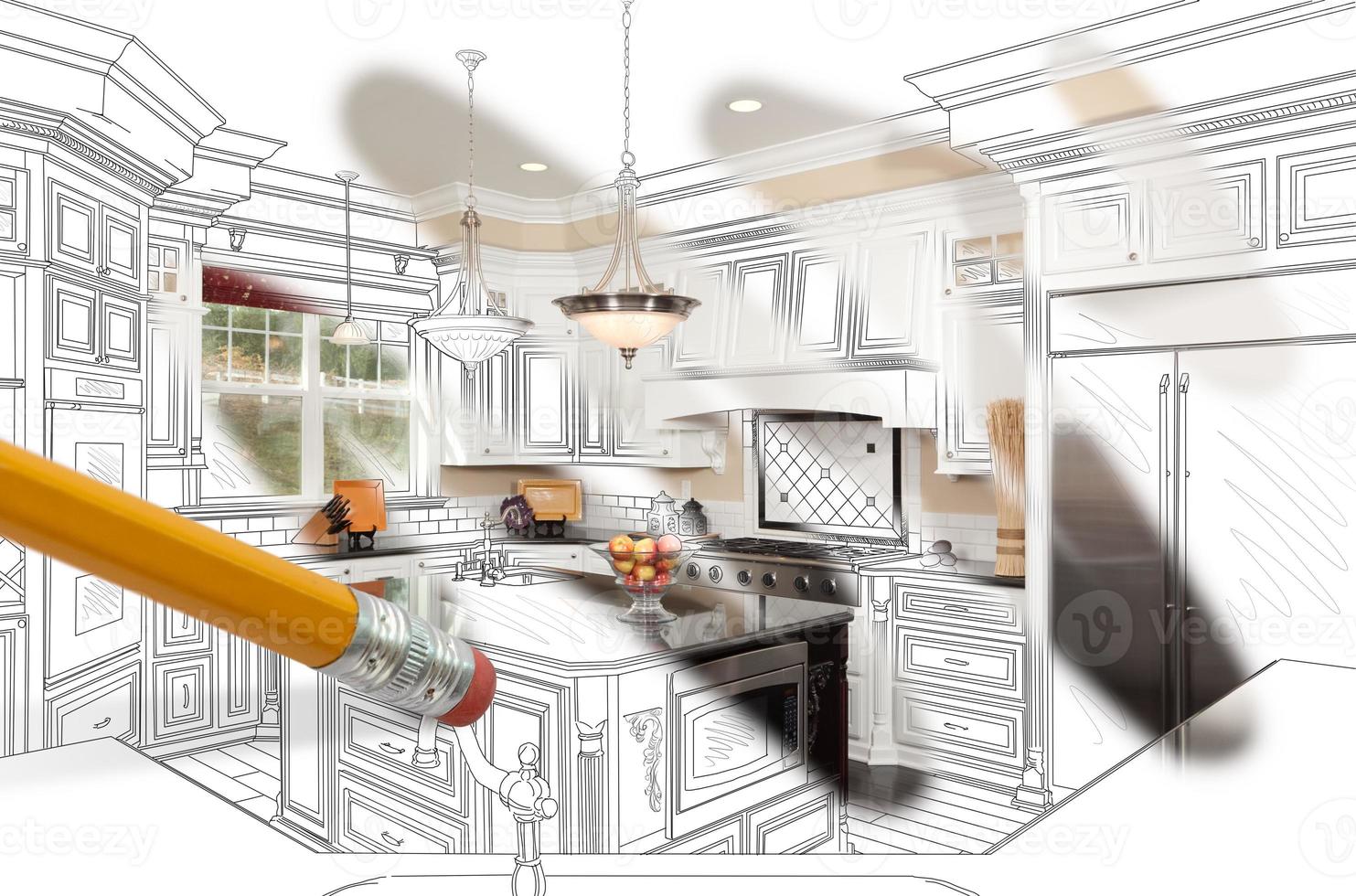 Pencil Erasing Drawing To Reveal Finished Custom Kitchen Design Photograph photo