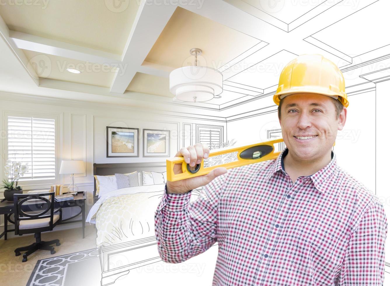 Contractor in Hard Hat Over Custom Bedroom Drawing and Photo