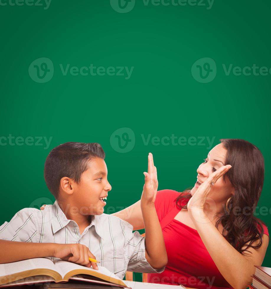 Blank Chalk Board Behind Hispanic Young Boy and Famale Adult Studying photo