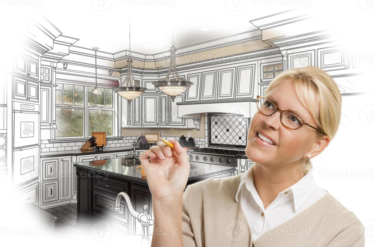 Woman With Pencil Over Custom Kitchen Design Drawing and Photo Combination
