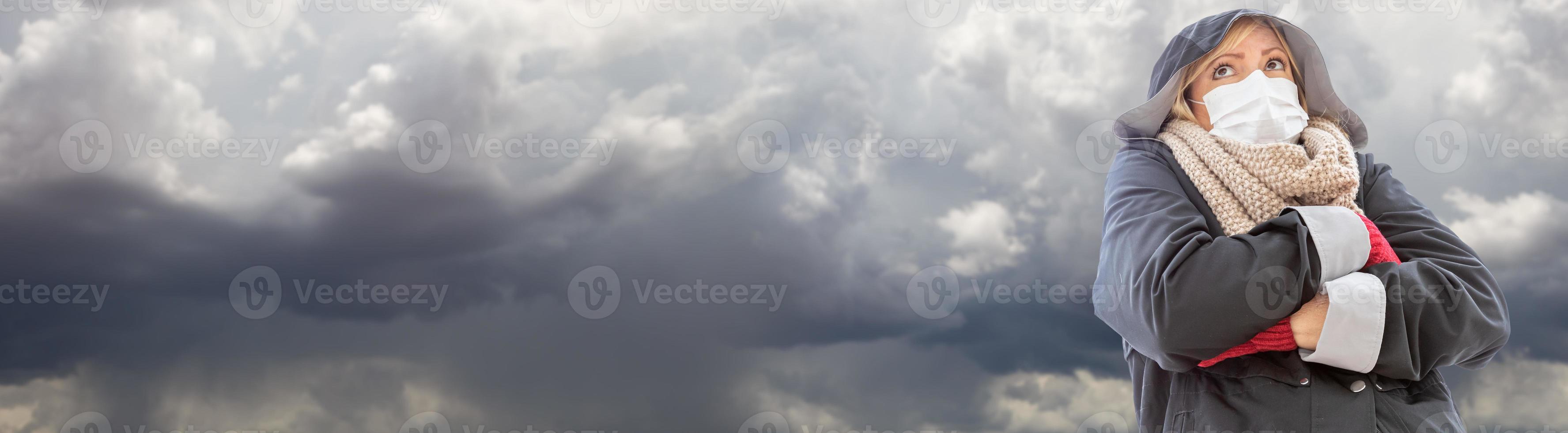 Woman Wearing Medical Face Mask and Jacket In Cloudy Stormy Weather Banner photo