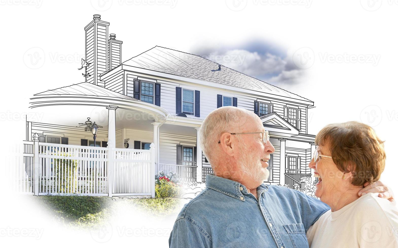Happy Senior Couple Over House Drawing and Photo on White