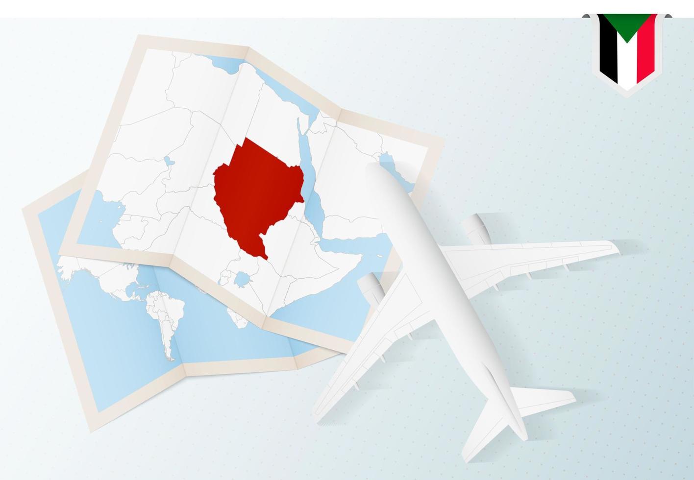 viaje a sudán, avión de vista superior con mapa y bandera de sudán. vector