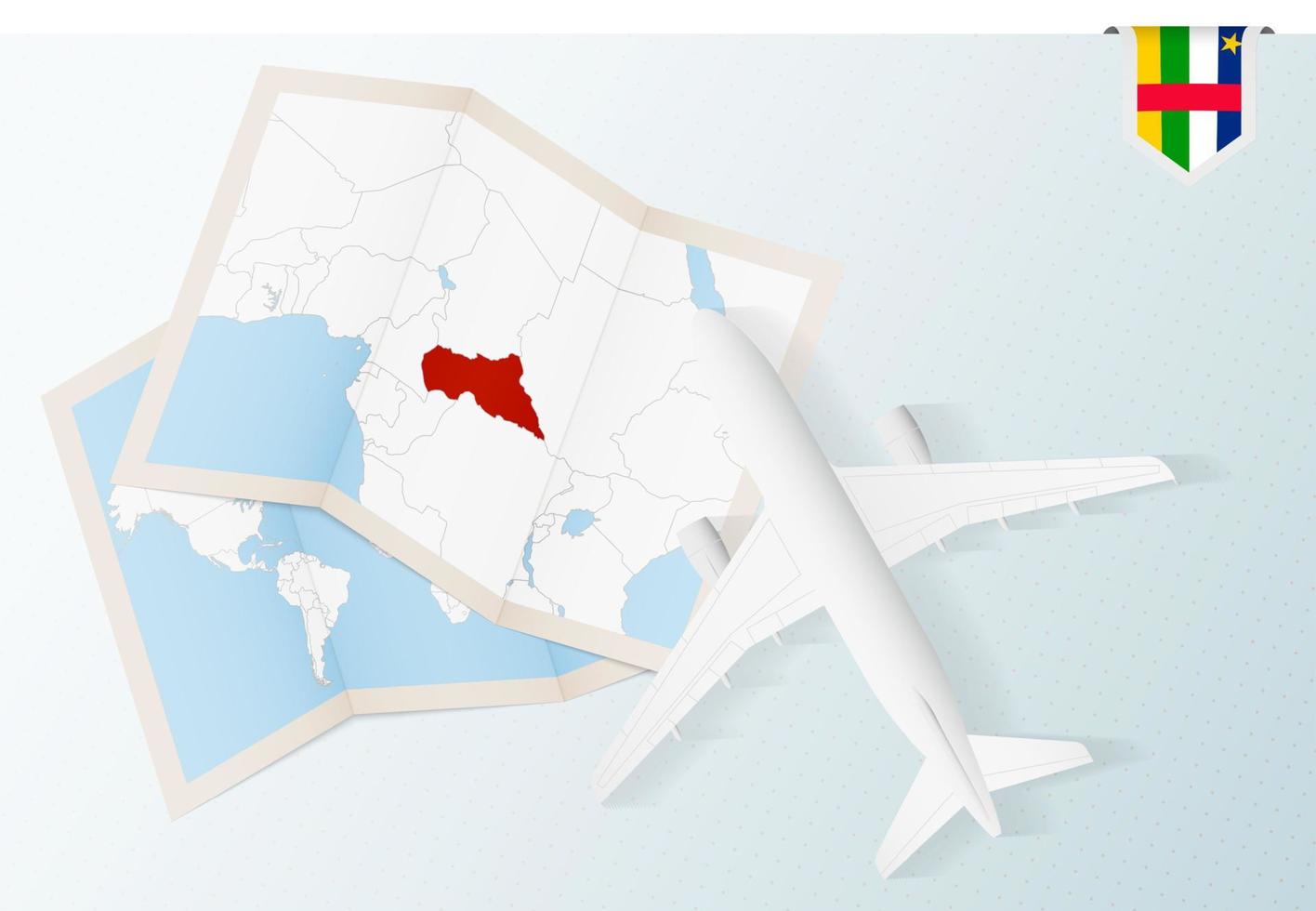 Travel to Central African Republic, top view airplane with map and flag of Central African Republic. vector