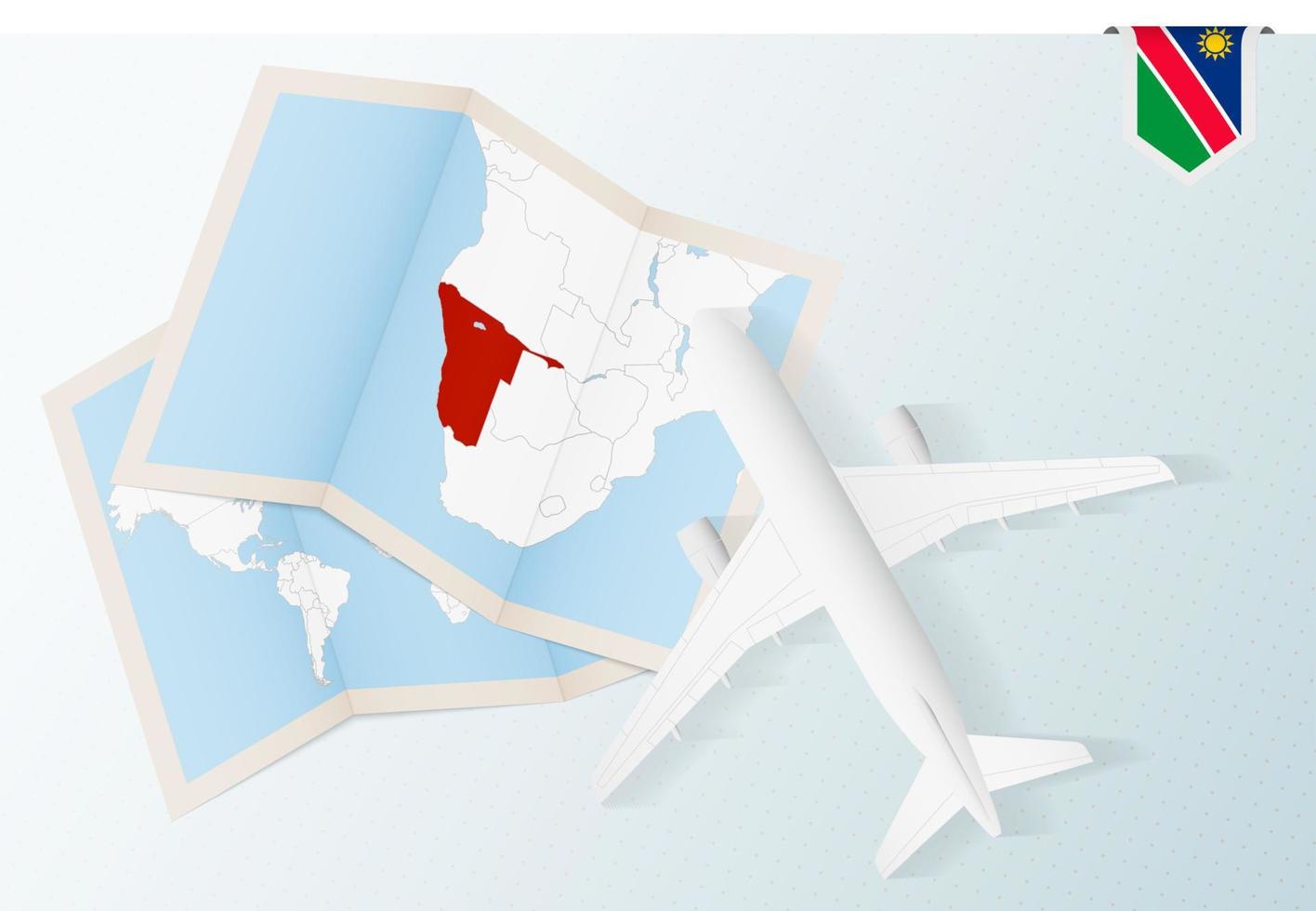 Travel to Namibia, top view airplane with map and flag of Namibia. vector