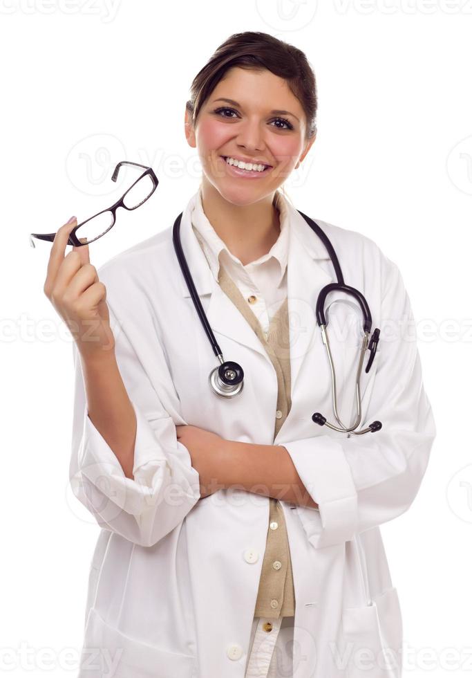 Pretty Smiling Ethnic Female Doctor or Nurse on White photo