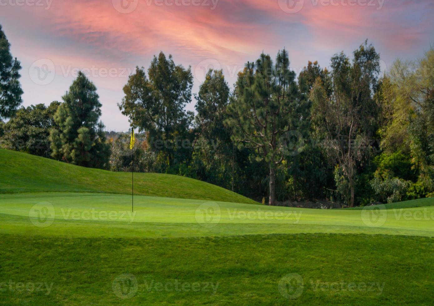 campo de golf de hierba escénica verde y bandera. foto