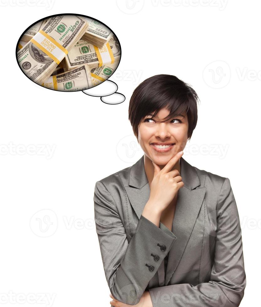 Beautiful Multiethnic Woman with Thought Bubbles of Money Stacks photo