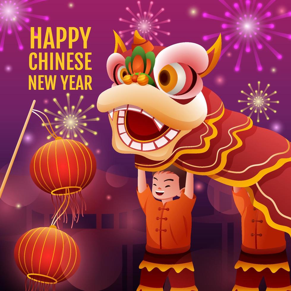 feliz año nuevo chino con el concepto de danza del león vector