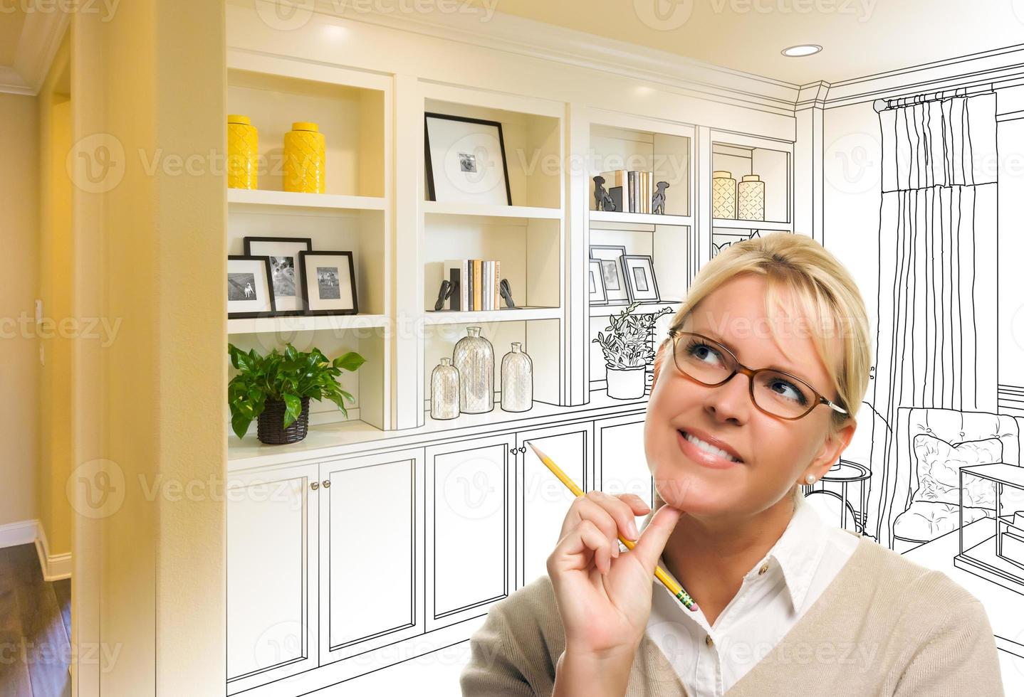 Young Woman Over Custom Built-in Shelves and Cabinets Design Drawing Gradating to Finished Photo. photo