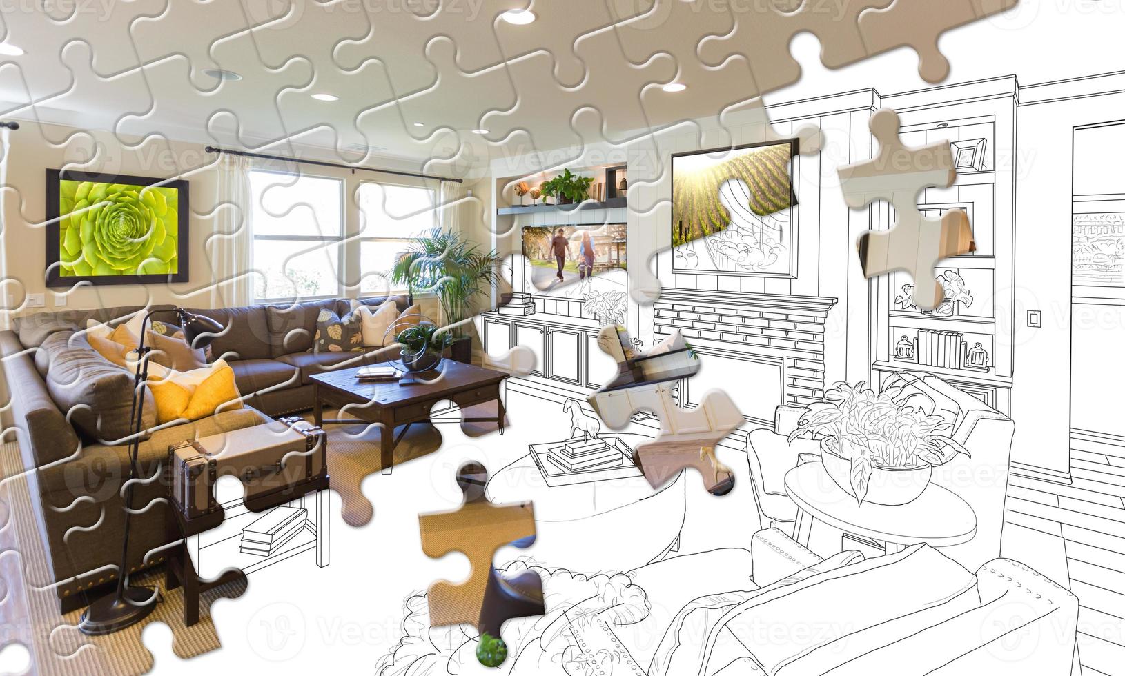 Puzzle Pieces Fitting Together Revealing Finished Living Room Build Over Drawing photo