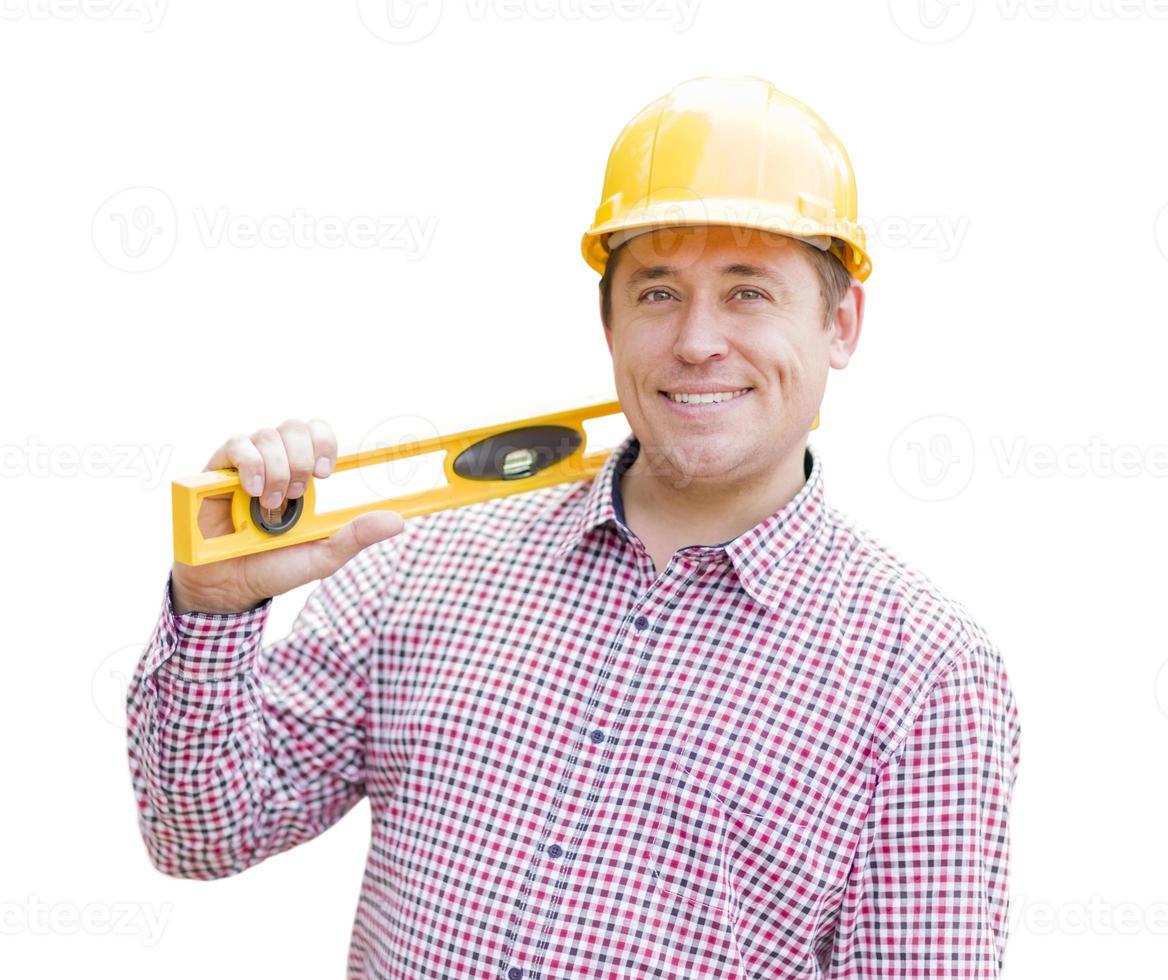 Young Male Contractor with Hard Hat and Level on White photo