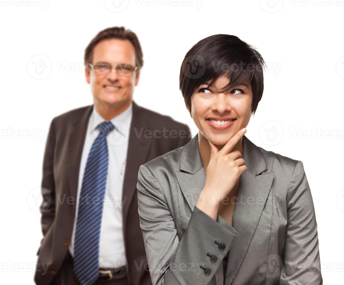 Attractive Businesswoman and Businessman on White photo