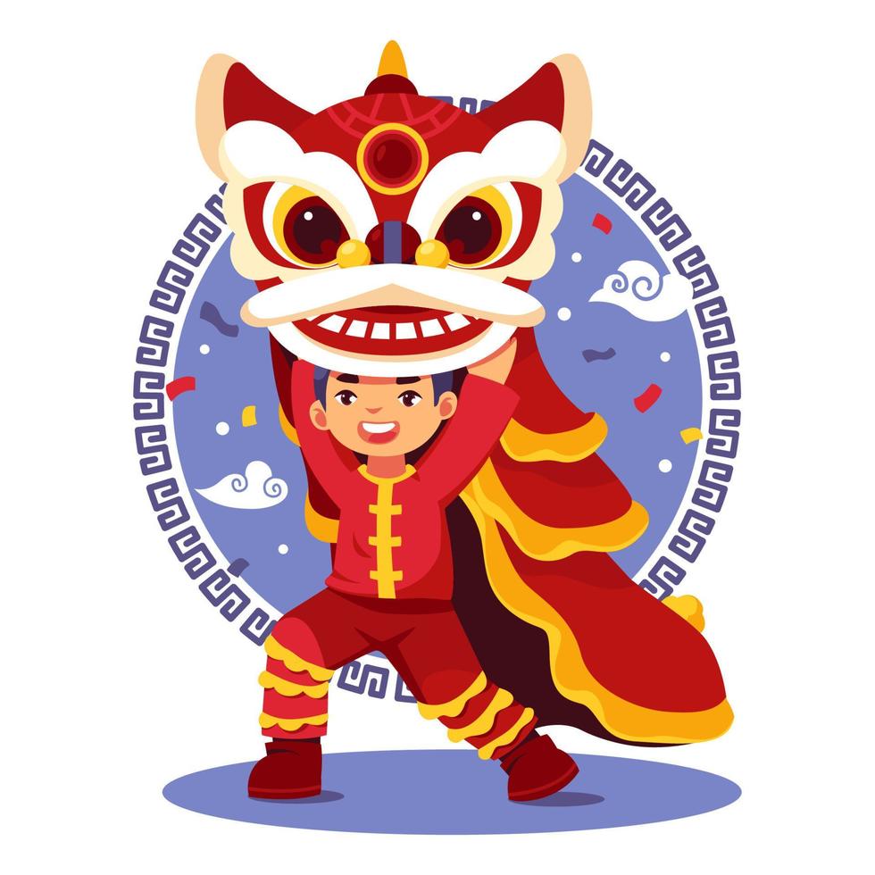 niño haciendo la danza del león chino vector