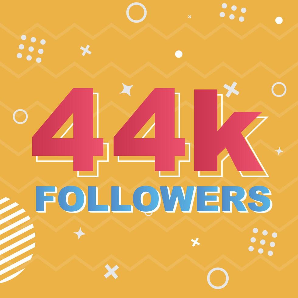 Vector de celebración de tarjeta de seguidores de 44k. 90000 seguidores felicitaciones post plantilla de redes sociales. diseño colorido moderno.