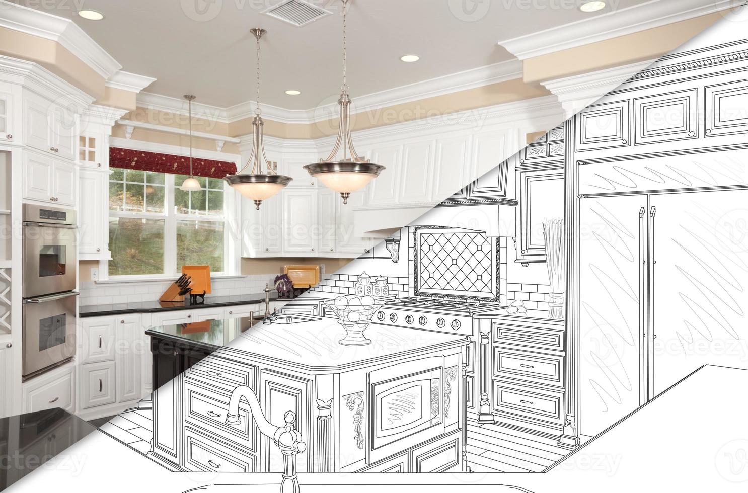 Diagonal Split Screen Of Drawing and Photo of New Kitchen