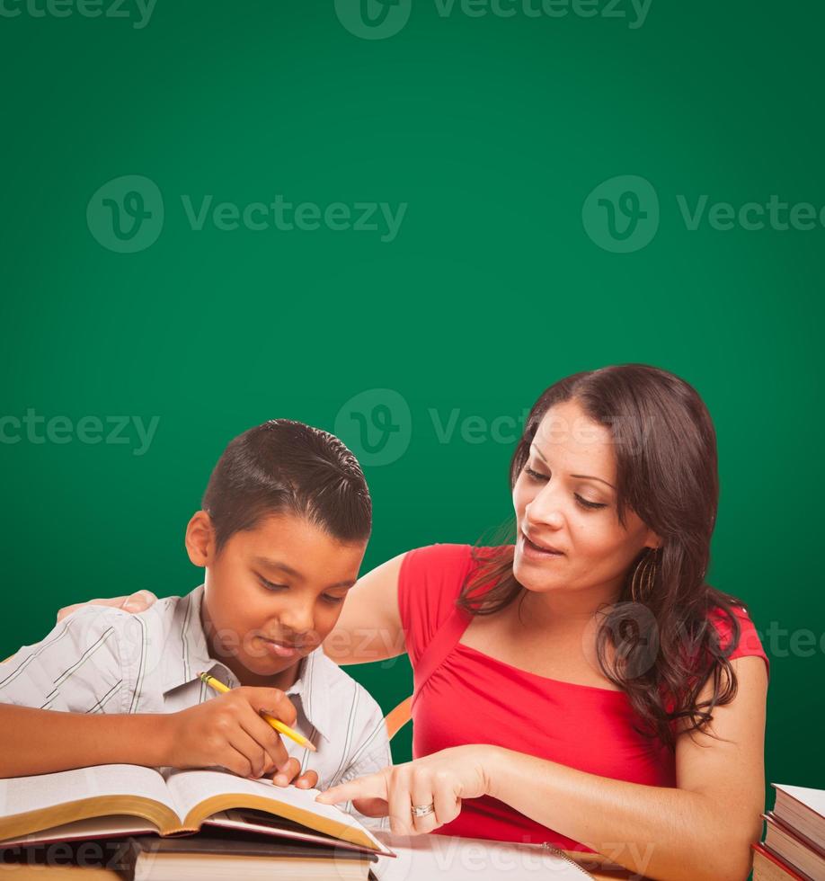 Blank Chalk Board Behind Hispanic Young Boy and Famale Adult Studying photo