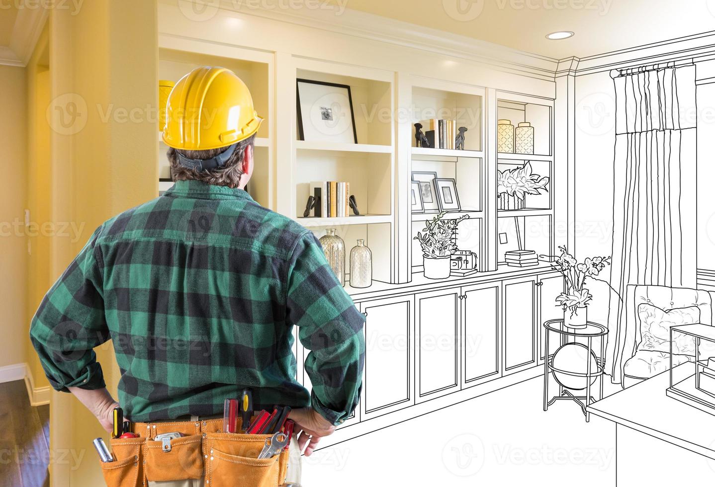 Contractor Facing Custom Built-in Shelves and Cabinets Design Drawing Gradating to Finished Photo