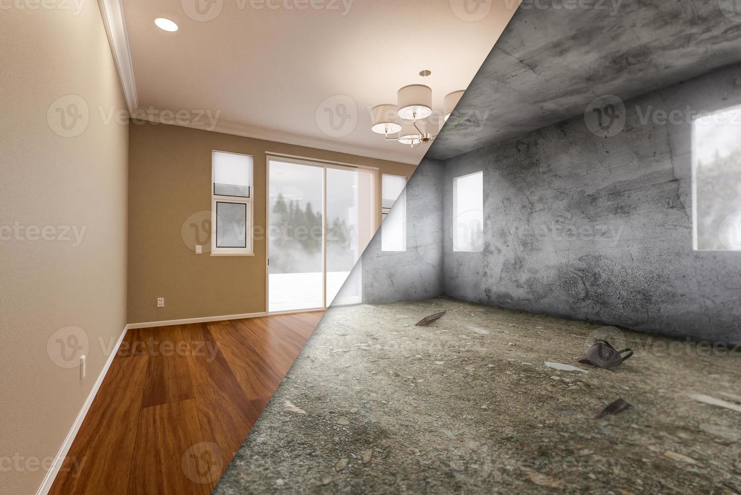 Unfinished Raw and Newly Remodeled Room Of House with Finished Wood Floors, Moulding, Paint and Ceiling Lights. photo