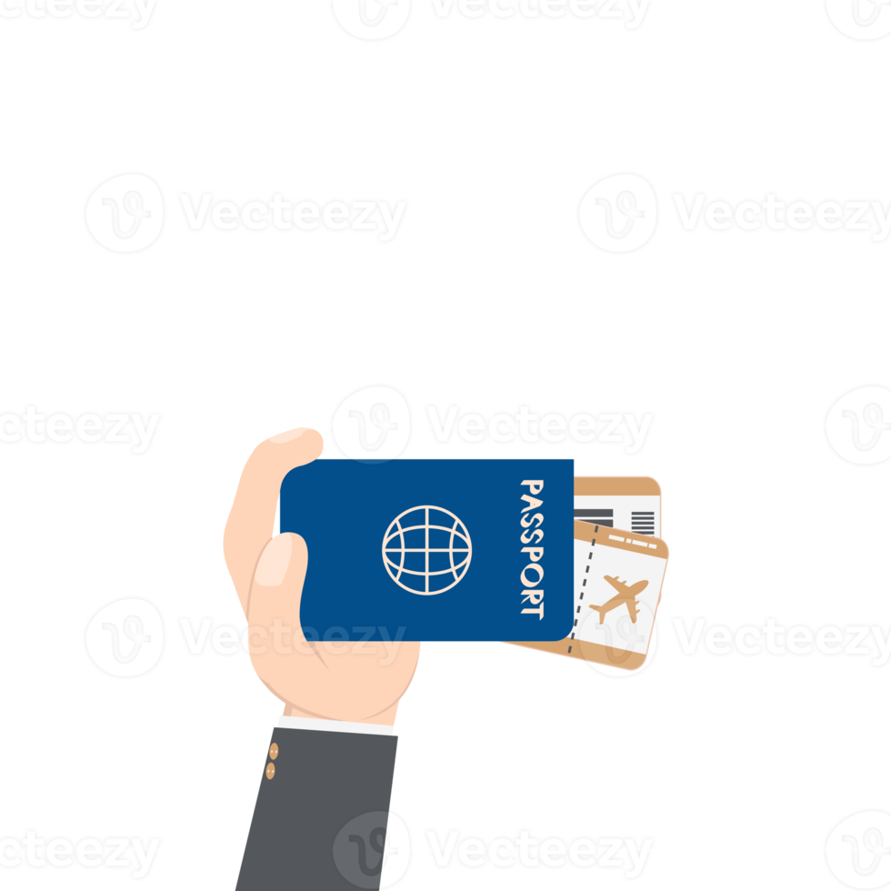 mão segurando passagem de avião e passaporte png