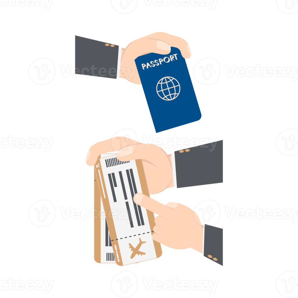 mão segurando passagem de avião e passaporte png