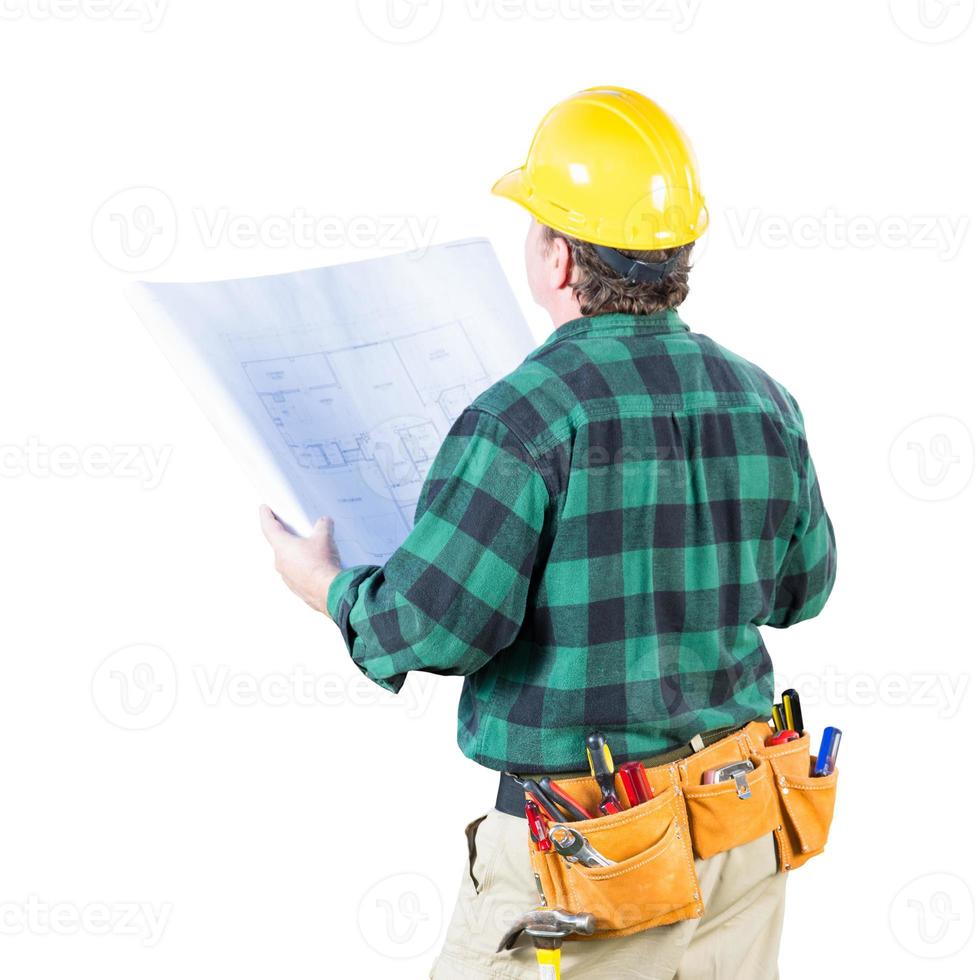 Male Contractor with Hard Hat and Tool Belt Looking Away Isolated a a White Background. photo