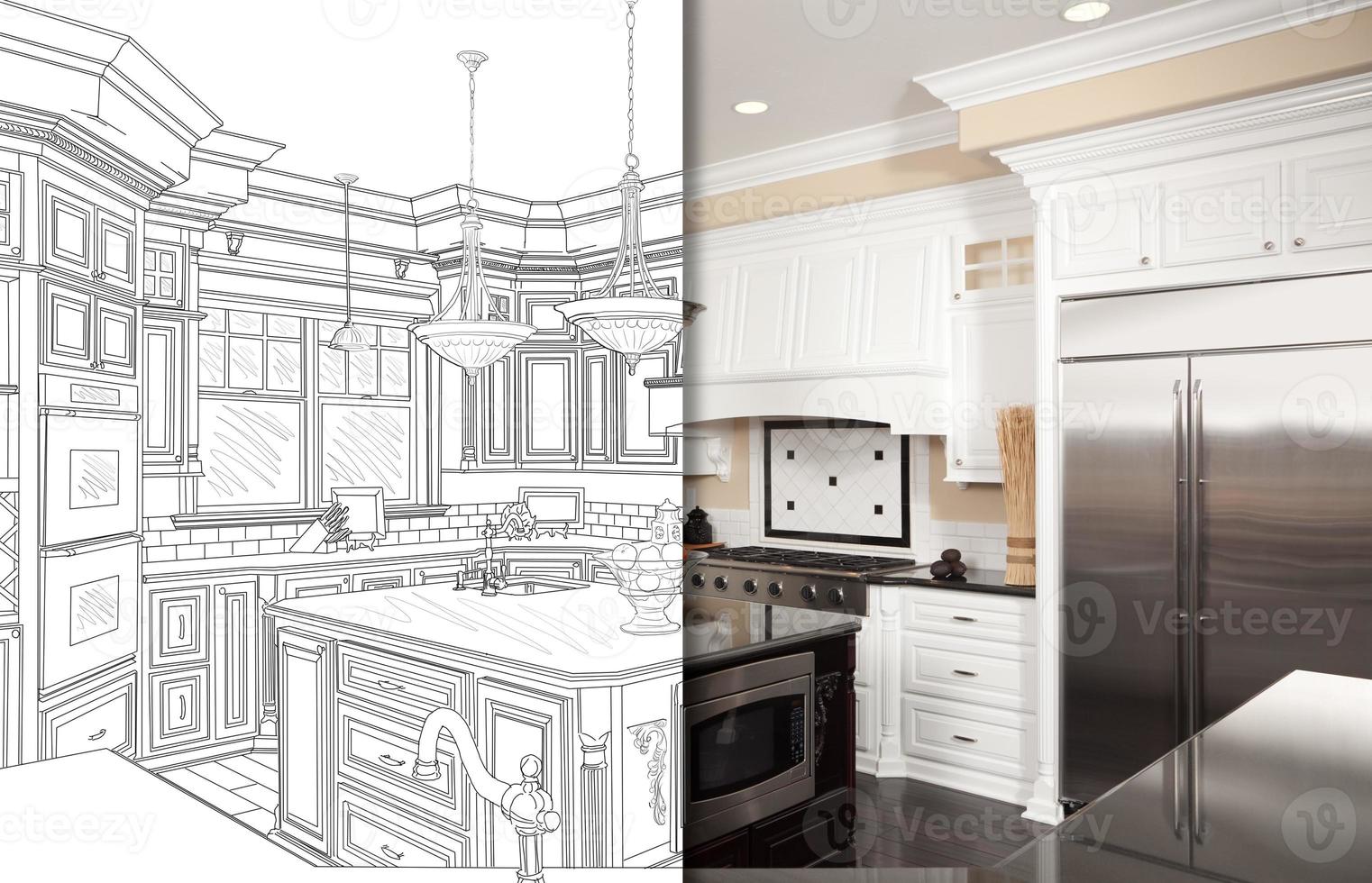 Split Screen Of Drawing and Photo of New Kitchen