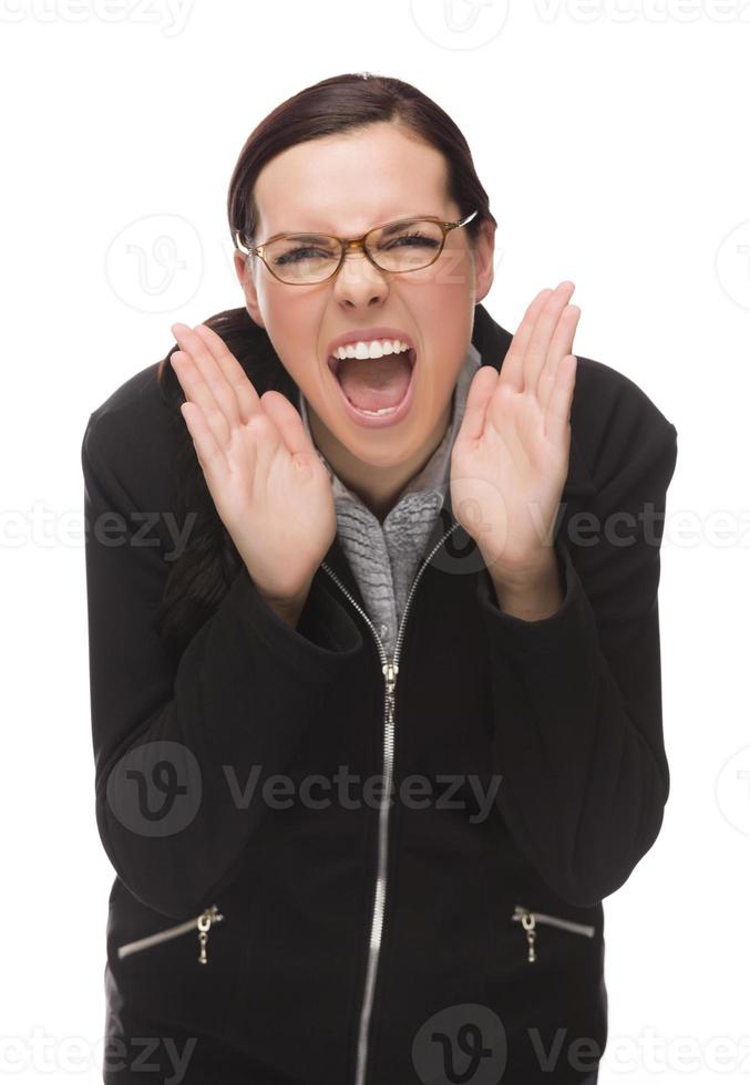 Angry Mixed Race Businesswoman Yelling at Camera Isolated on White photo