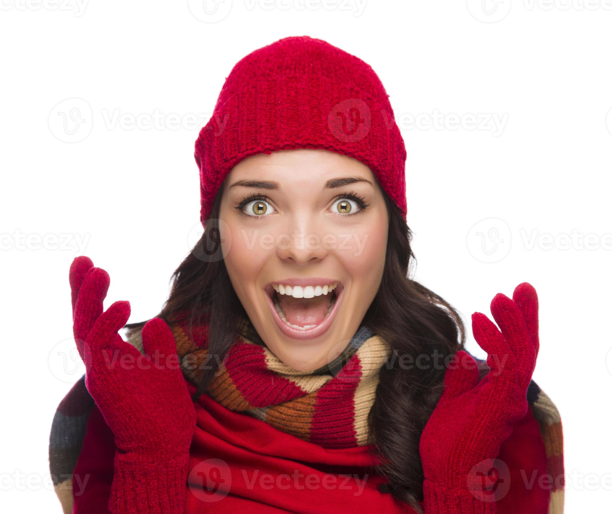Ecstatic Mixed Race Woman Wearing Winter Hat and Gloves 16378664 Stock