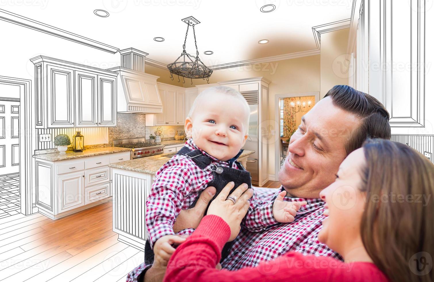 Young Family Over Custom Kitchen Drawing and Photo Combination