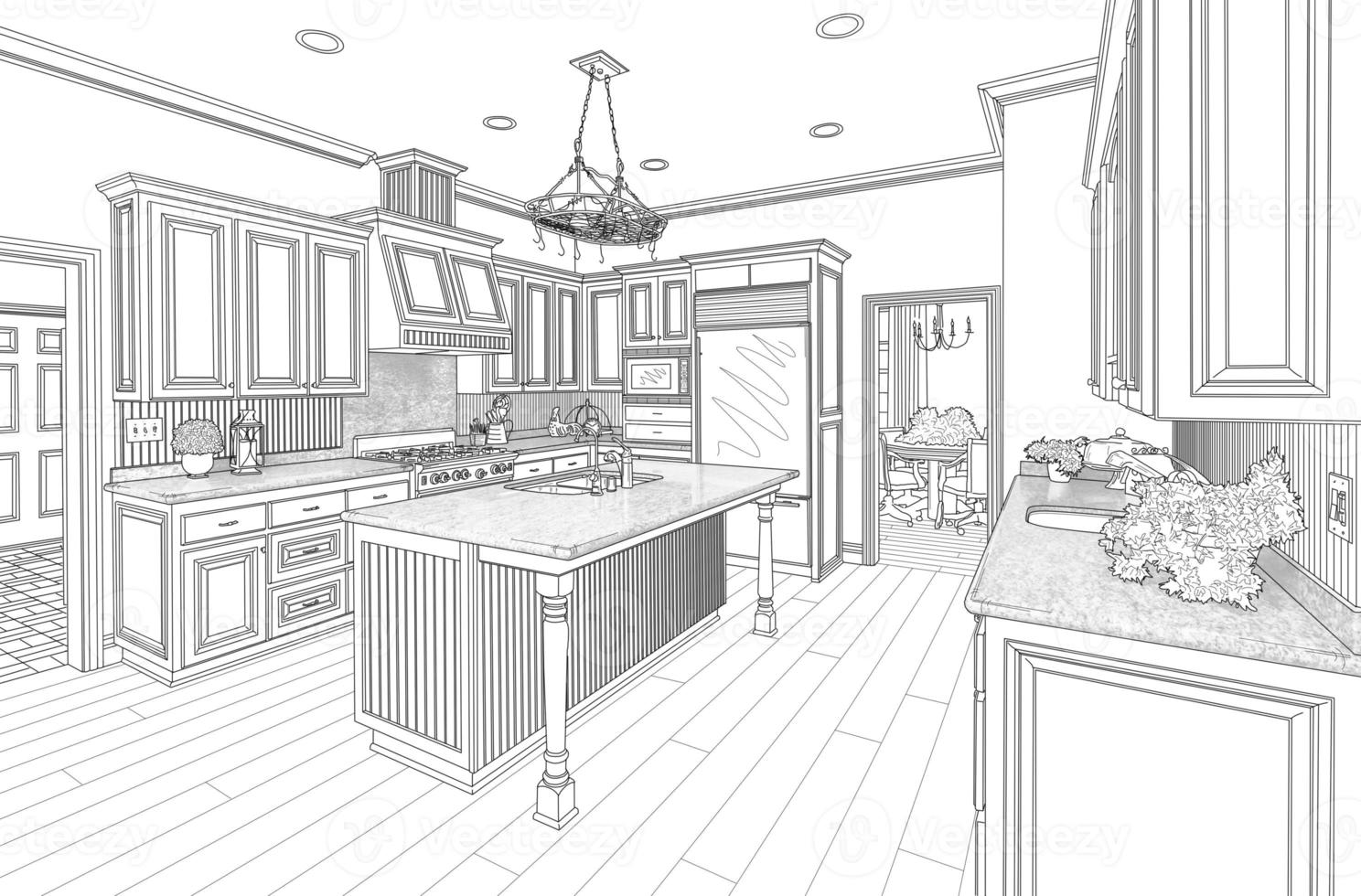 Black Custom Kitchen Design Drawing on White photo