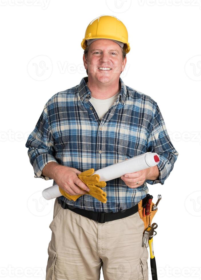 Contratista masculino con planes de vivienda con casco aislado en blanco foto
