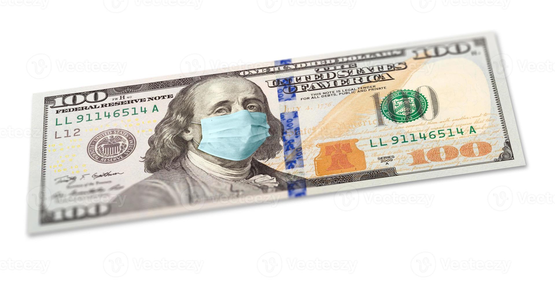 Full 100 Dollar Bill With Concerned Expression Wearing Medical Face Mask on White photo