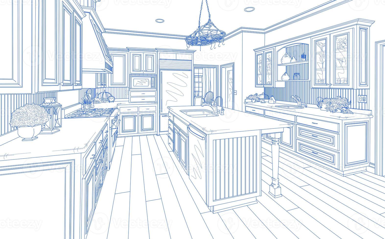 Blue Custom Kitchen Design Drawing on White photo