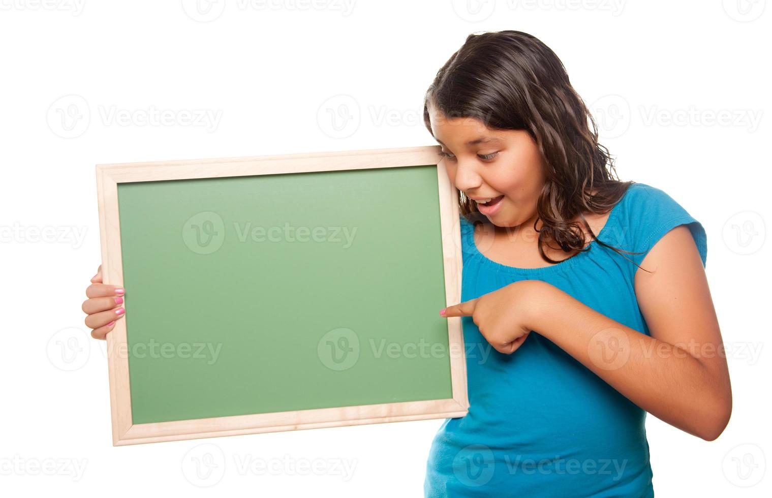 Pretty Hispanic Girl Holding Blank Chalkboard photo