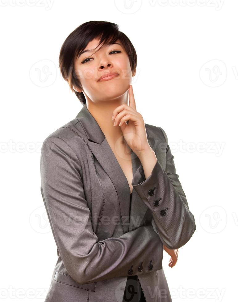 Pretty Multiethnic Young Adult Woman Poses on White photo