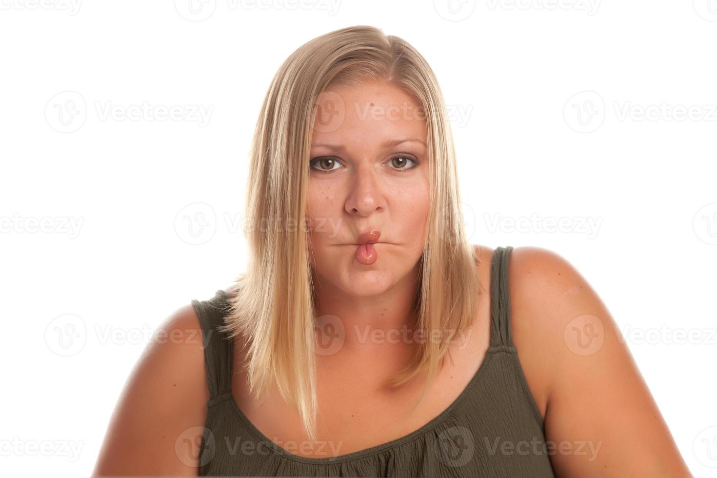 Woman Making Funny Face on White photo