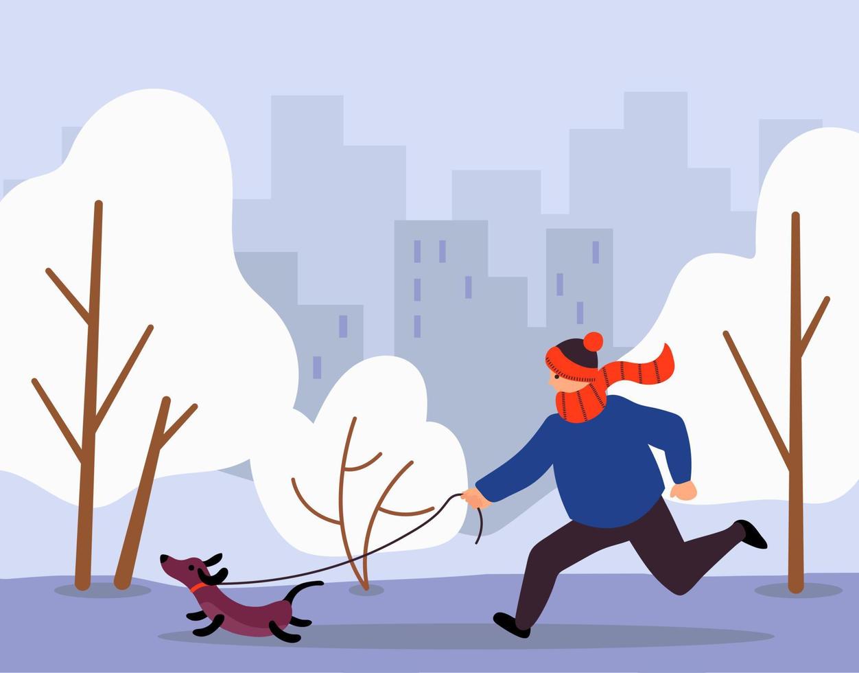 Walk Your Dog Month. The male is walking her dog. Flat style. Vector illustration.