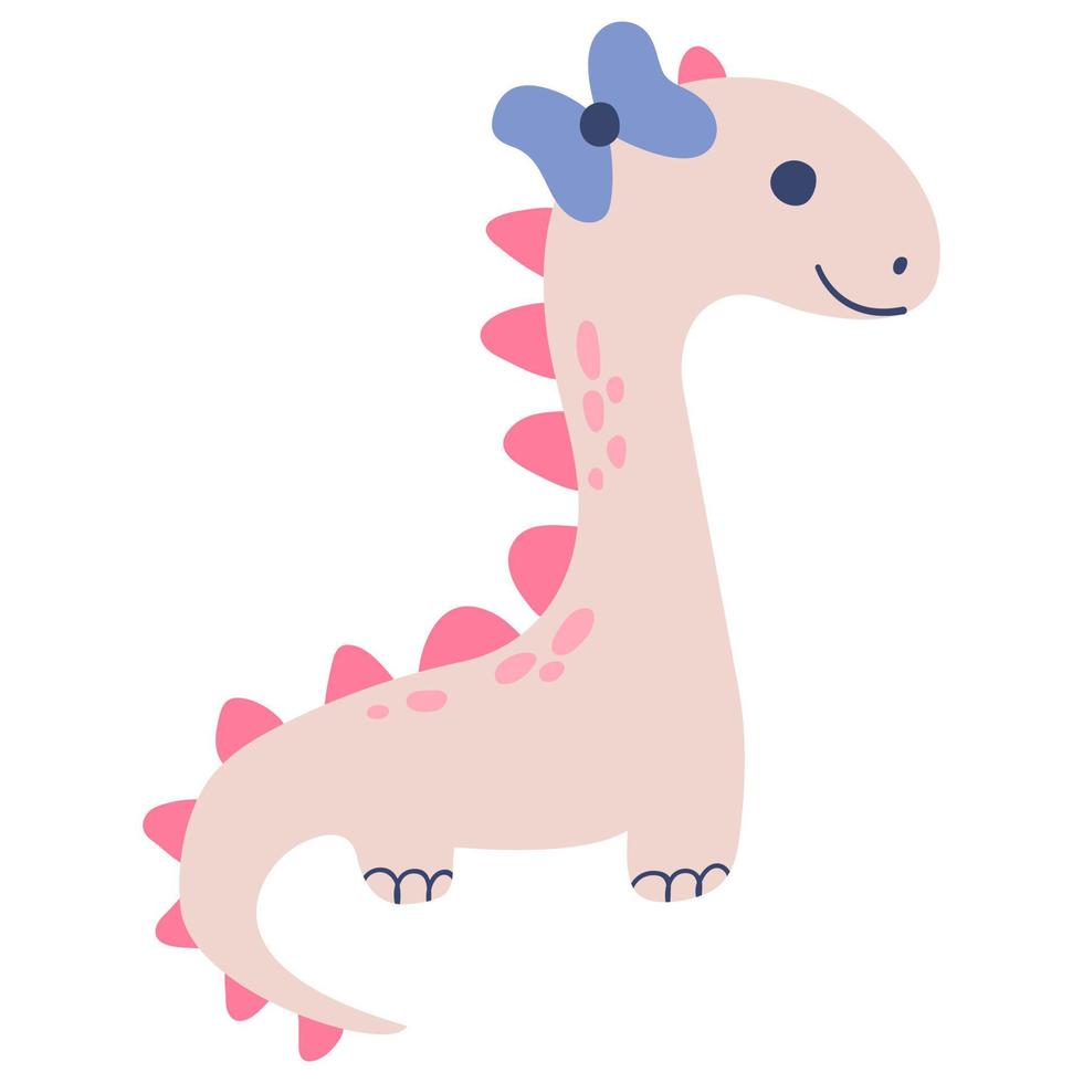 Dino girl. Cute hand drawn dinosaur. Hand drawn style. White background, isolate. Vector illustration.