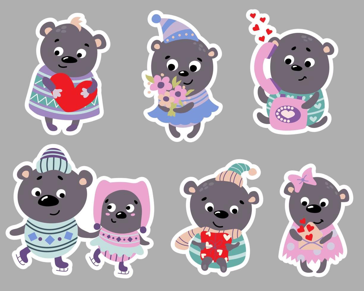 Cute valentines teddy bear stickers. St. Day Valentine. Drawn style. Vector illustration.