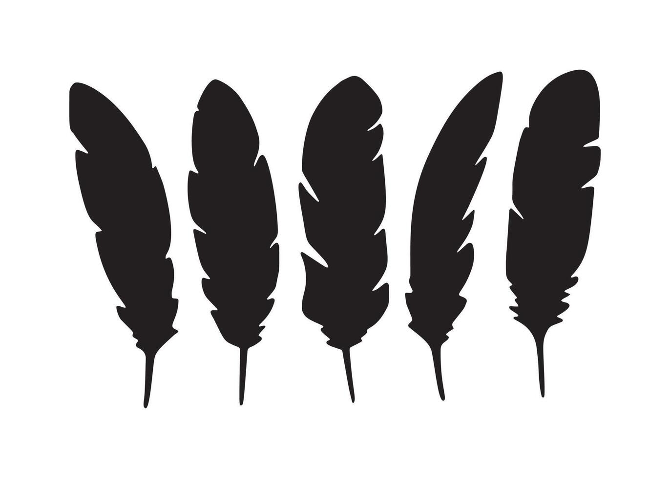 Quill feather icons. Vector silhouettes of black bird plume with curved barb. Vintage ink pen, calligraphy writing tool or fluffy quill feather isolated