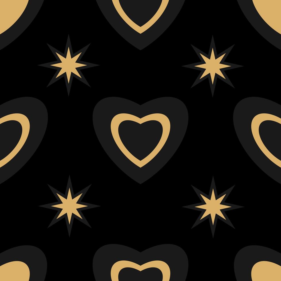 Beauty seamless pattern with hearts on the black background. Black and gold. For wrapping paper, cover, package. Vector illustration for romantic holidays.