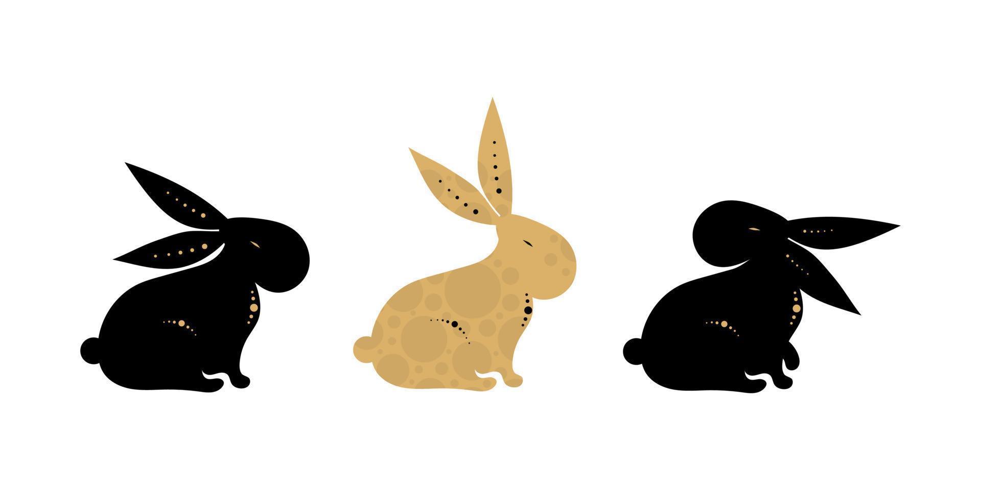 Tree cute rabbits. Set. Black and gold. Vector illustration for Chinese New Year, Easter.