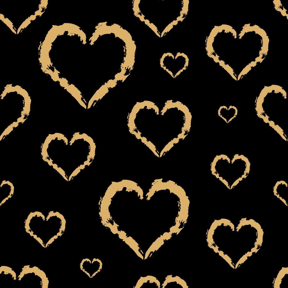 Gold hearts with grunge texture, seamless pattern. Black background. Vector illustration in retro style for wrapping paper, package gift.