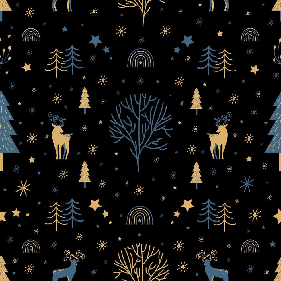 Cute Christmas seamless pattern on black background. Deers, stars, snowflakes, plants, spruce tree, rainbow. Blue and gold element. Vector illustration template for holiday wrapping paper, package.