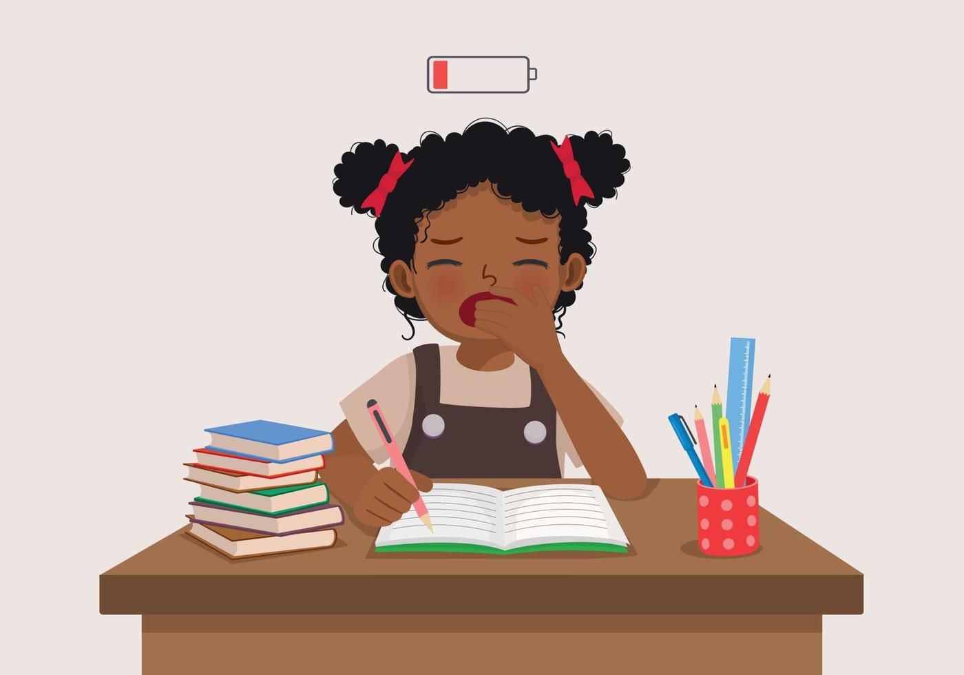 cute little African girl yawning feeling sleepy while studying doing homework on the desk vector