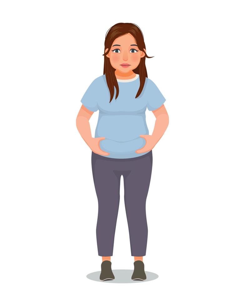Overweight young woman touching her fat belly hoping to lose weight vector