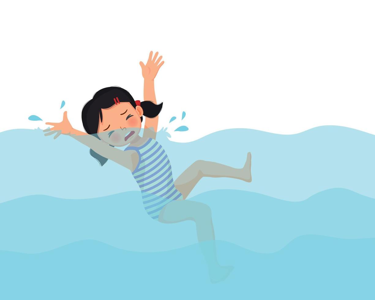 Cute little girl drowning in the swimming pool waving hands calling for help vector